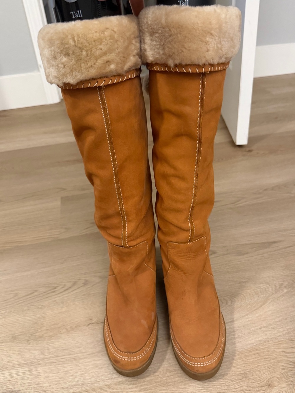 Tall Shearling-Trim Suede Boots in Chestnut. Juicy couture. 8.5.